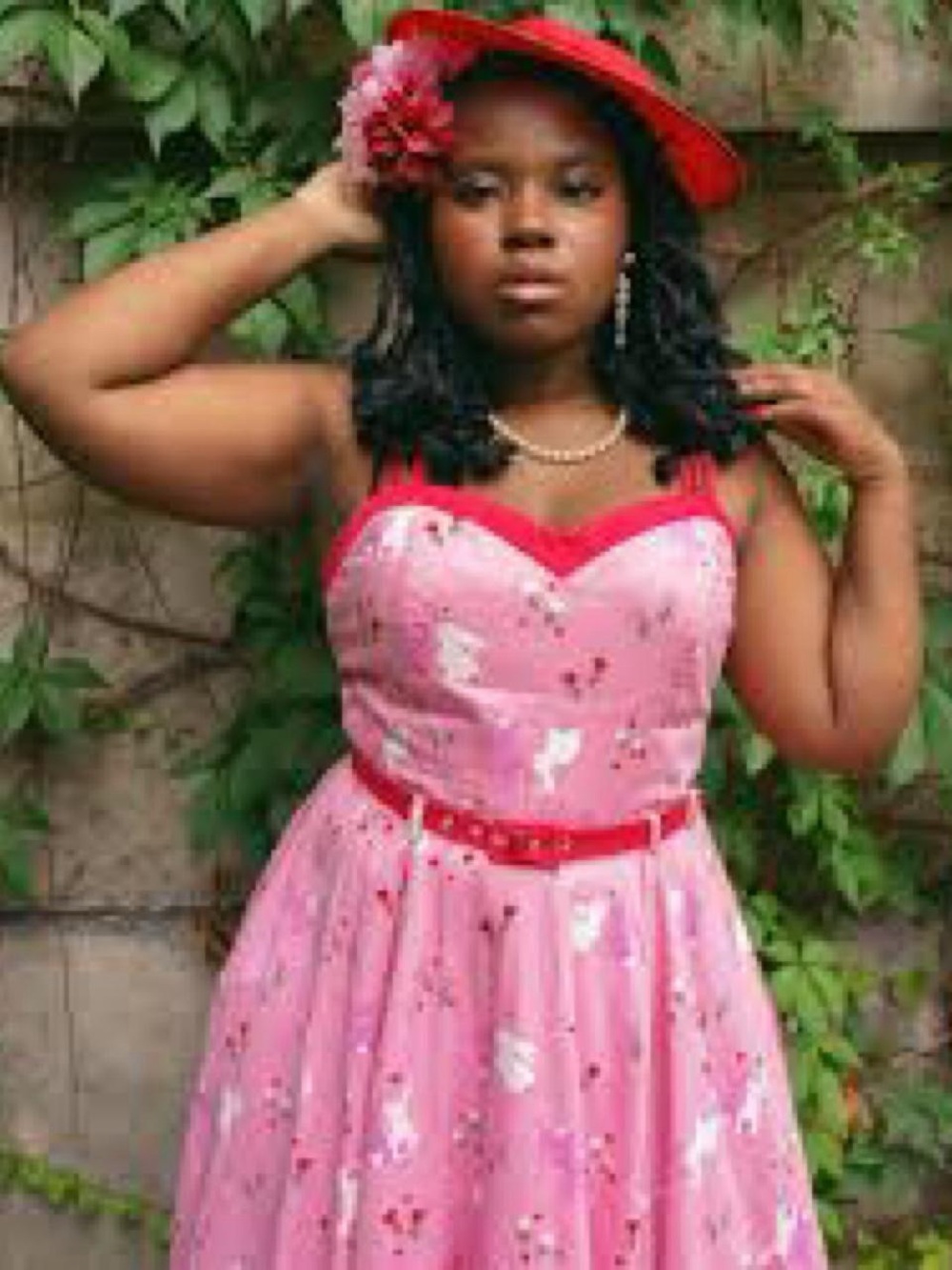 Collectif Pink Floral Party Dress with Red Trim missing belt